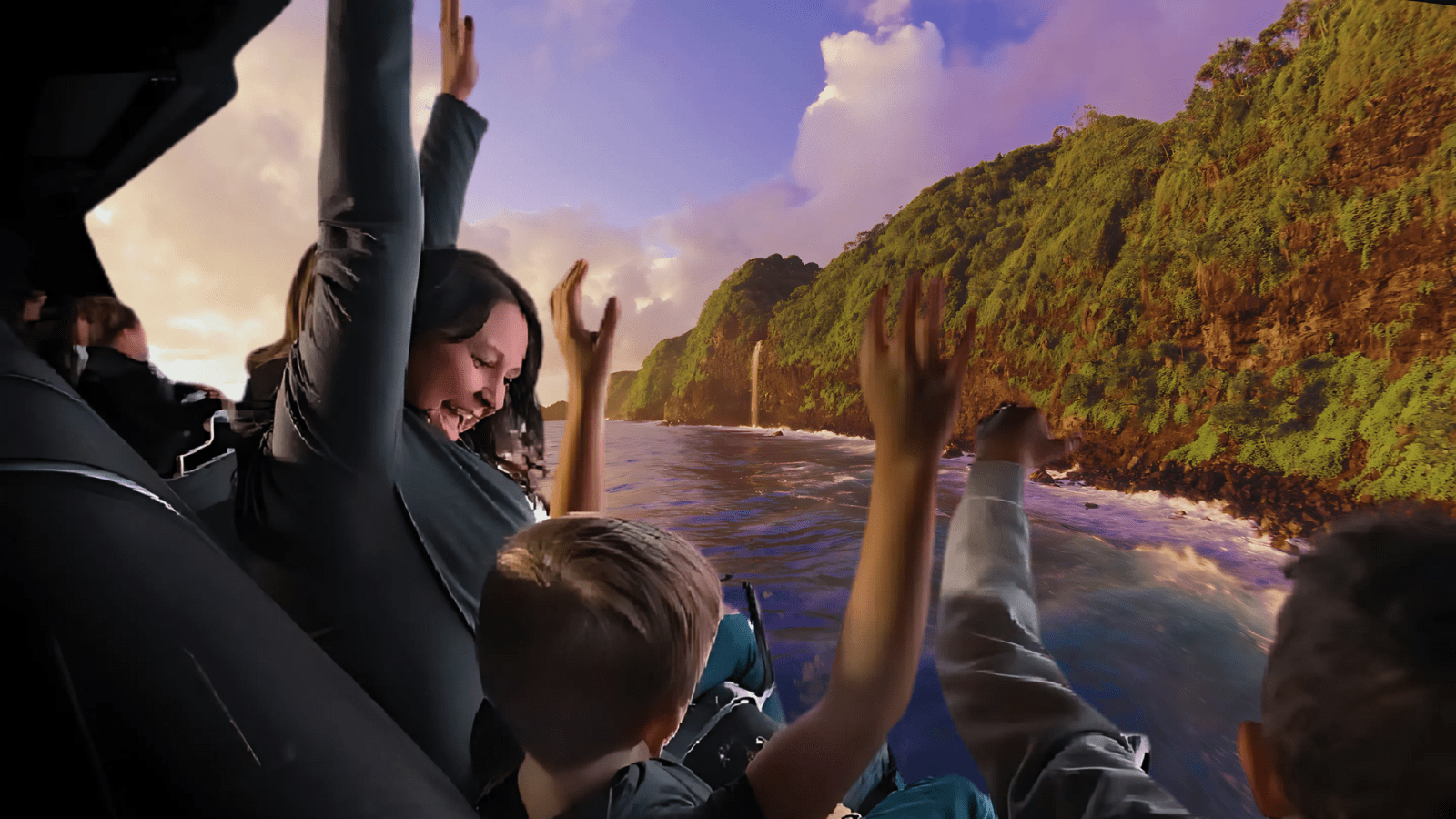 a group of people standing in front of a river