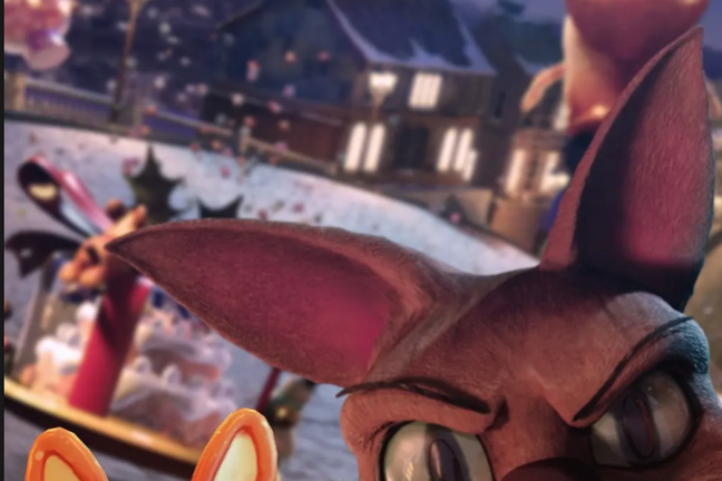 Animated cat, rabbit, and reindeer with 'Winter Wonderland' text in snowy street scene.