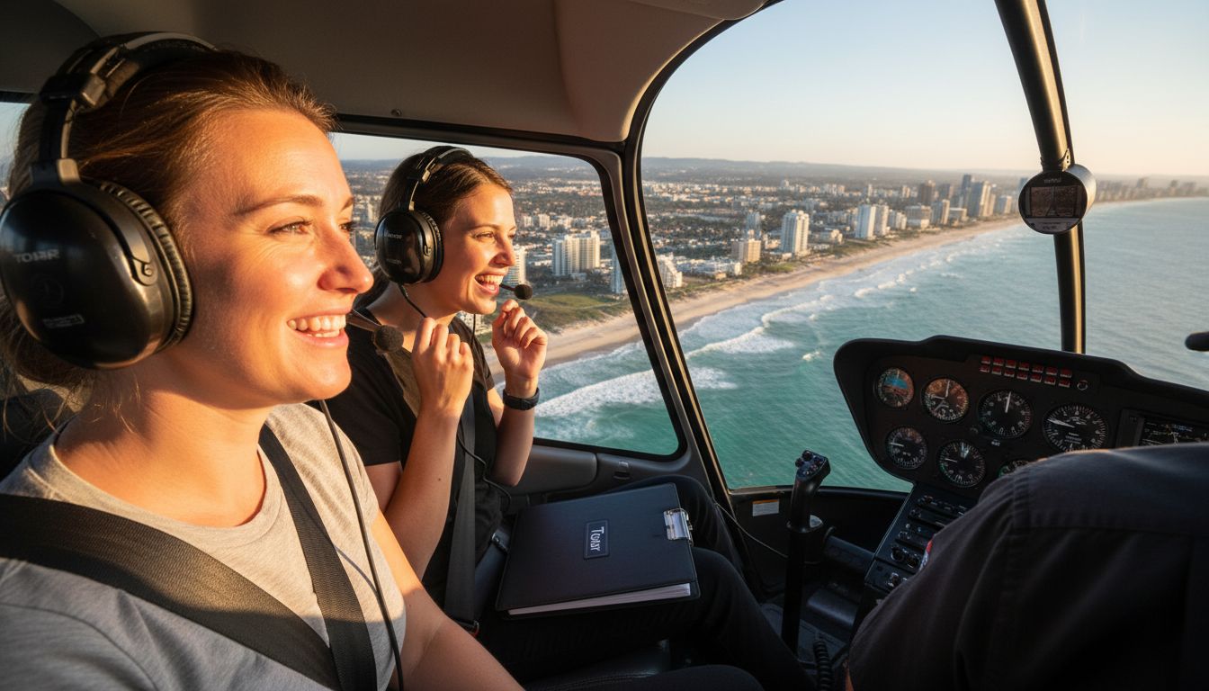Tourists enjoying real helicopter aerial view