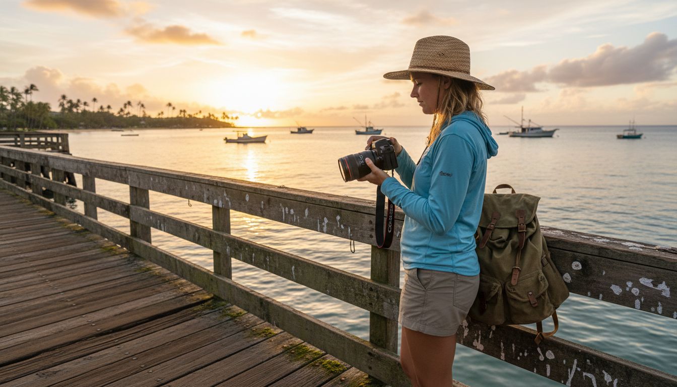 Photographer at sunrise on Kailua Pier Kona