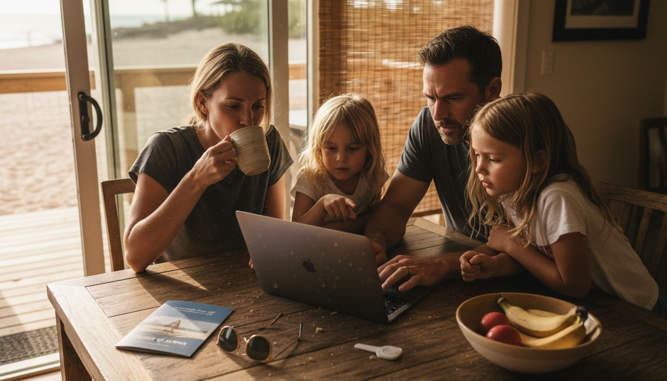 Family booking Hawaiian attractions online at table