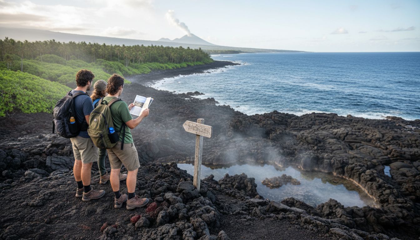 Tourists overlooking Big Island coast and volcano