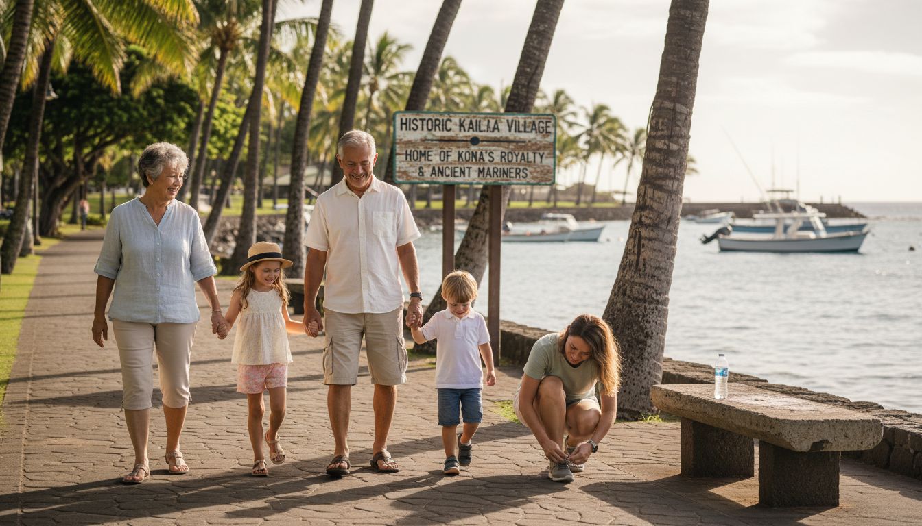 Family exploring Kailua Kona historic waterfront