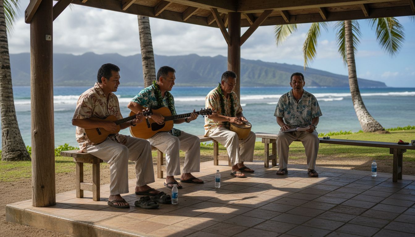 Hawaiian musicians performing by Kona shore