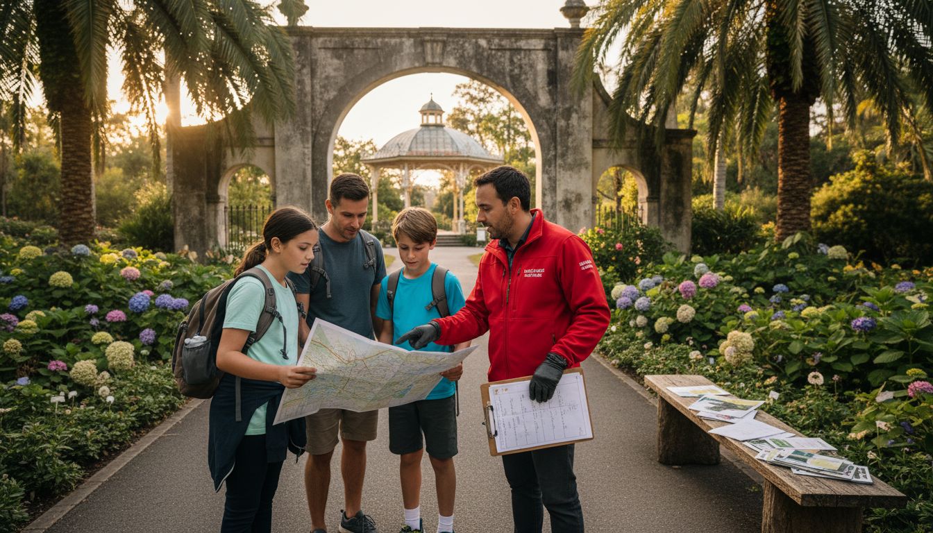 Family and guide at garden entrance