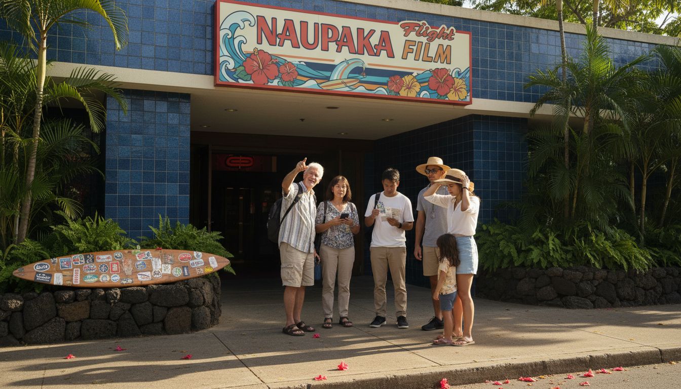 Travelers outside Hawaiian immersive film theater