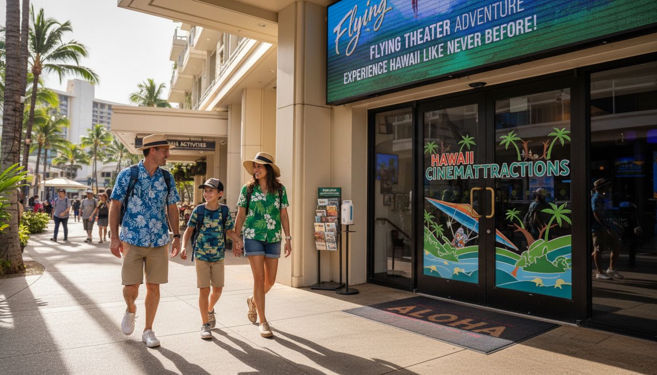 Family walking toward flying theater entrance