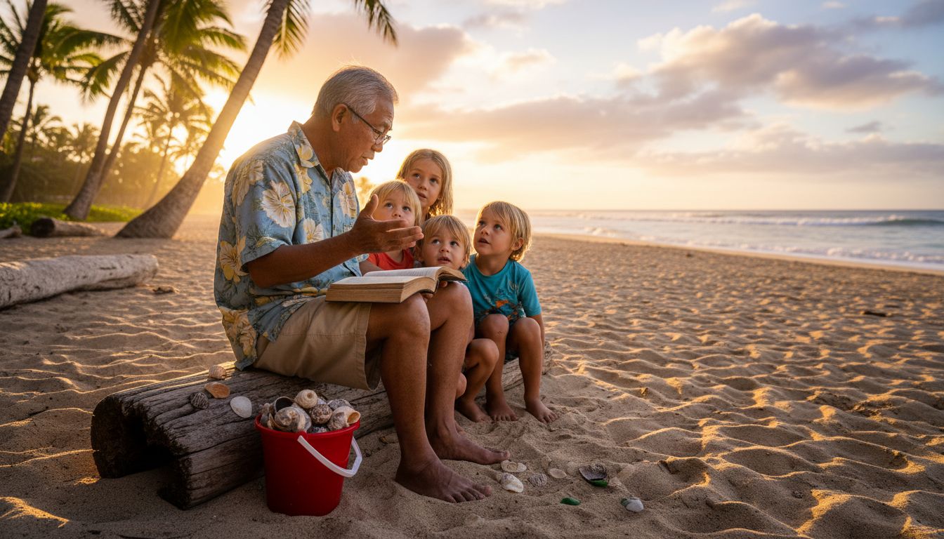 Elder sharing stories with children on beach