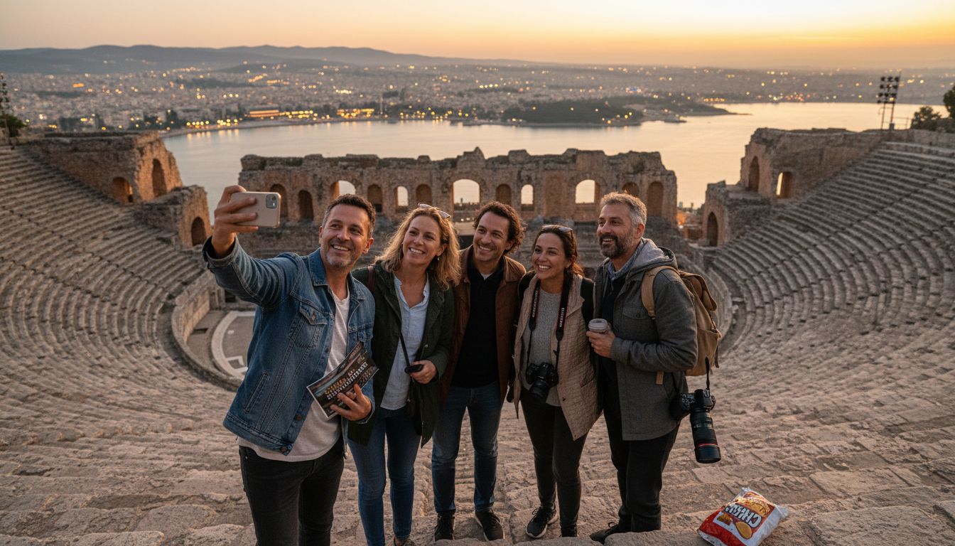 Travelers at entertainment tourism landmark amphitheater