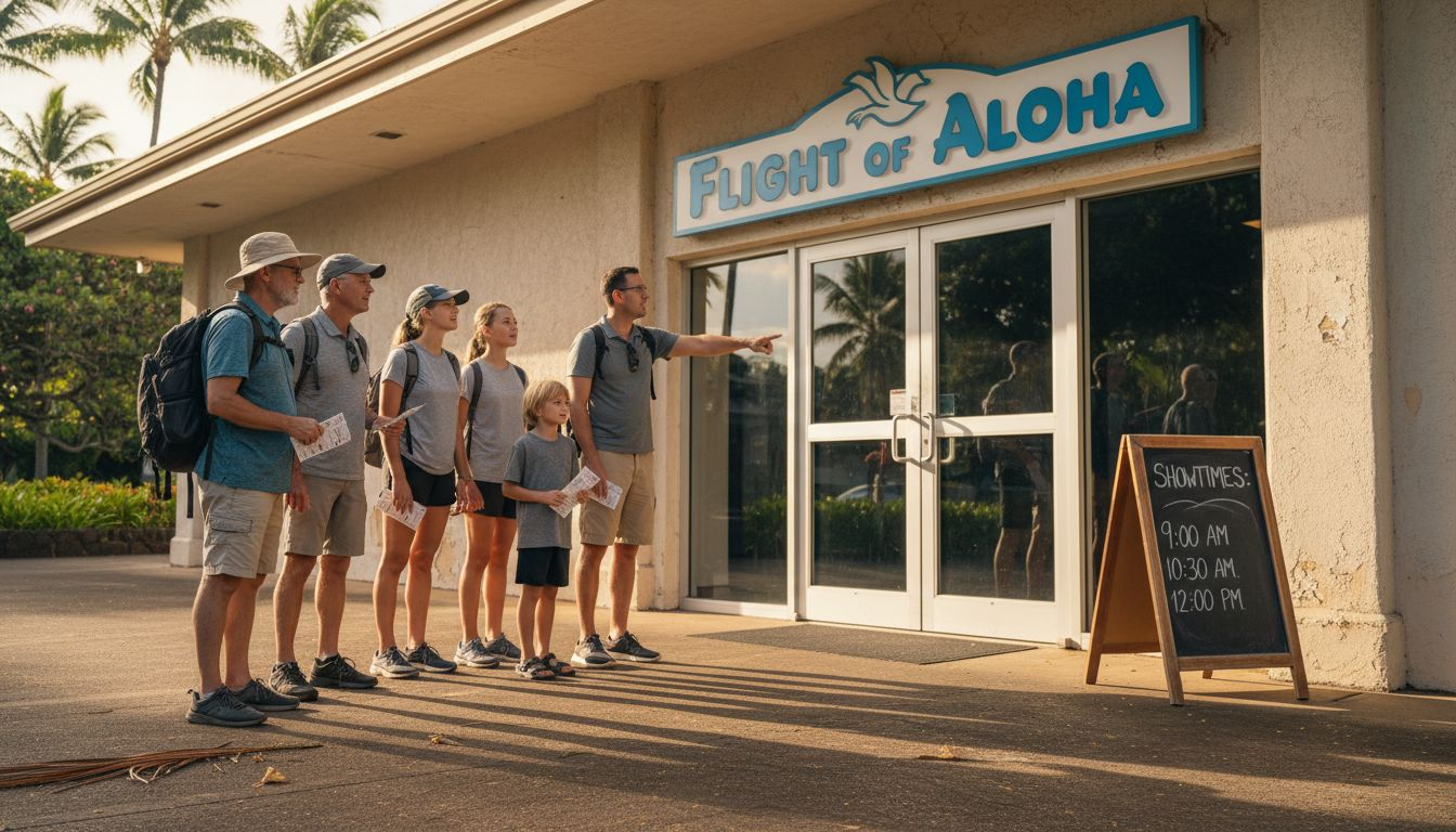 Visitors at Kona flying theater entrance