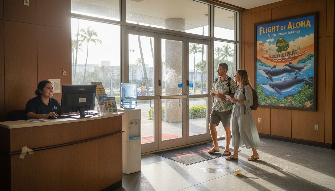 Couple entering Lahaina immersive film theater lobby