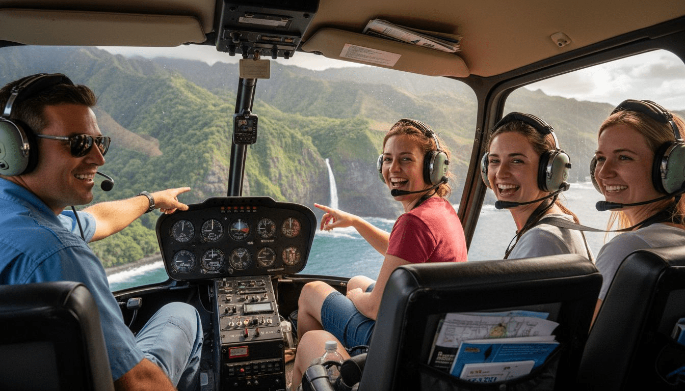 Tourists riding helicopter above Hawaii
