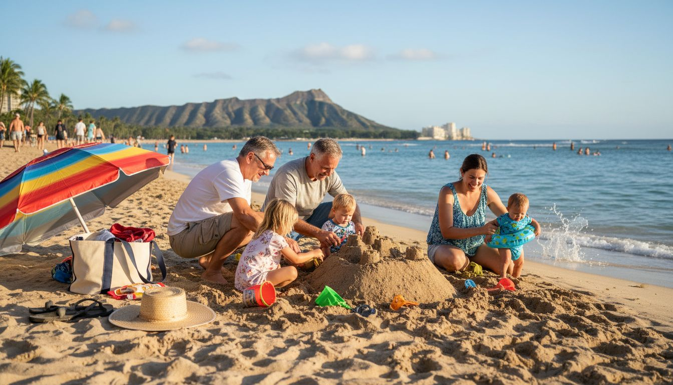 Family building sandcastle at Waikiki Beach Honolulu
