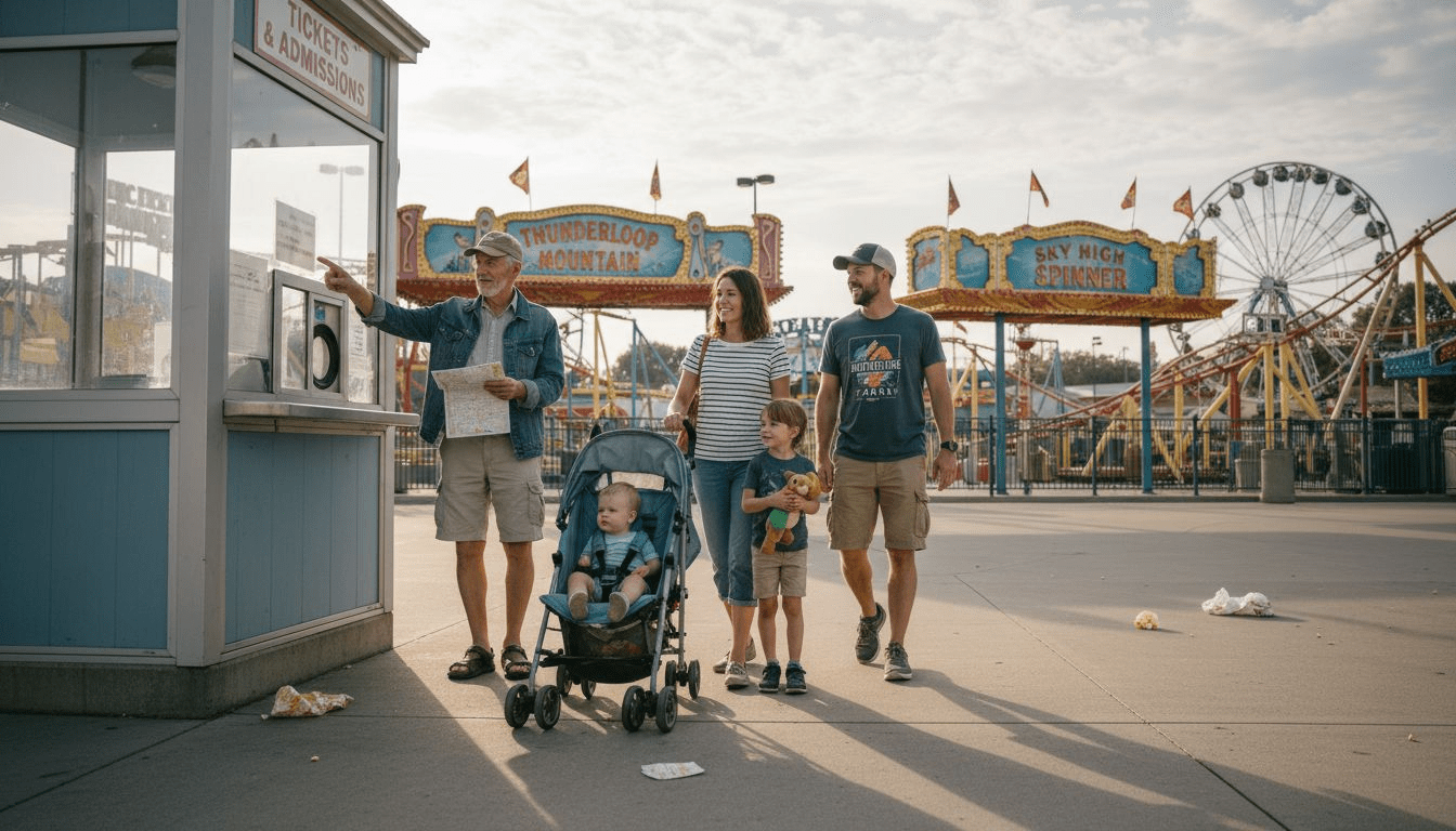 Family arriving at amusement park entrance