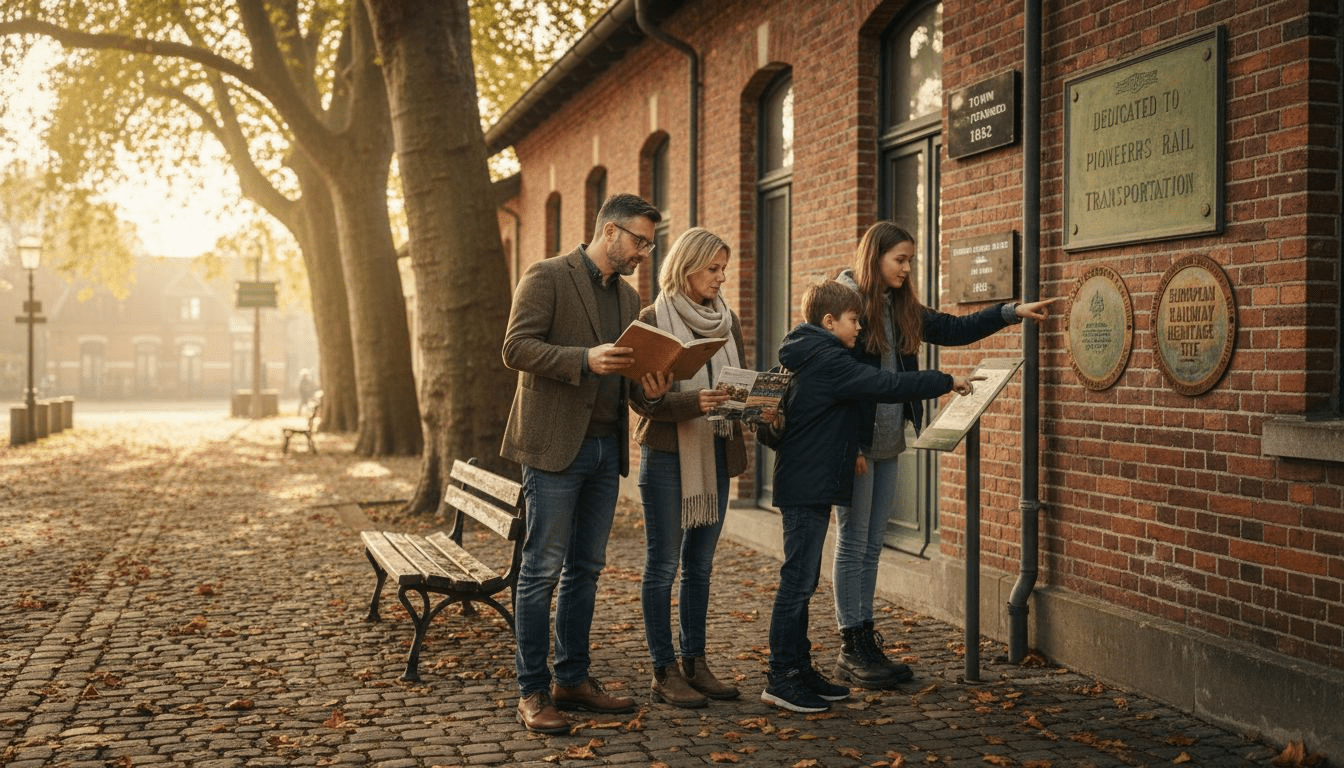 Family reading history at brick train station