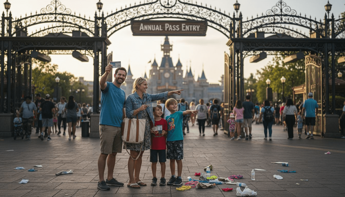 Family entering theme park with annual passes