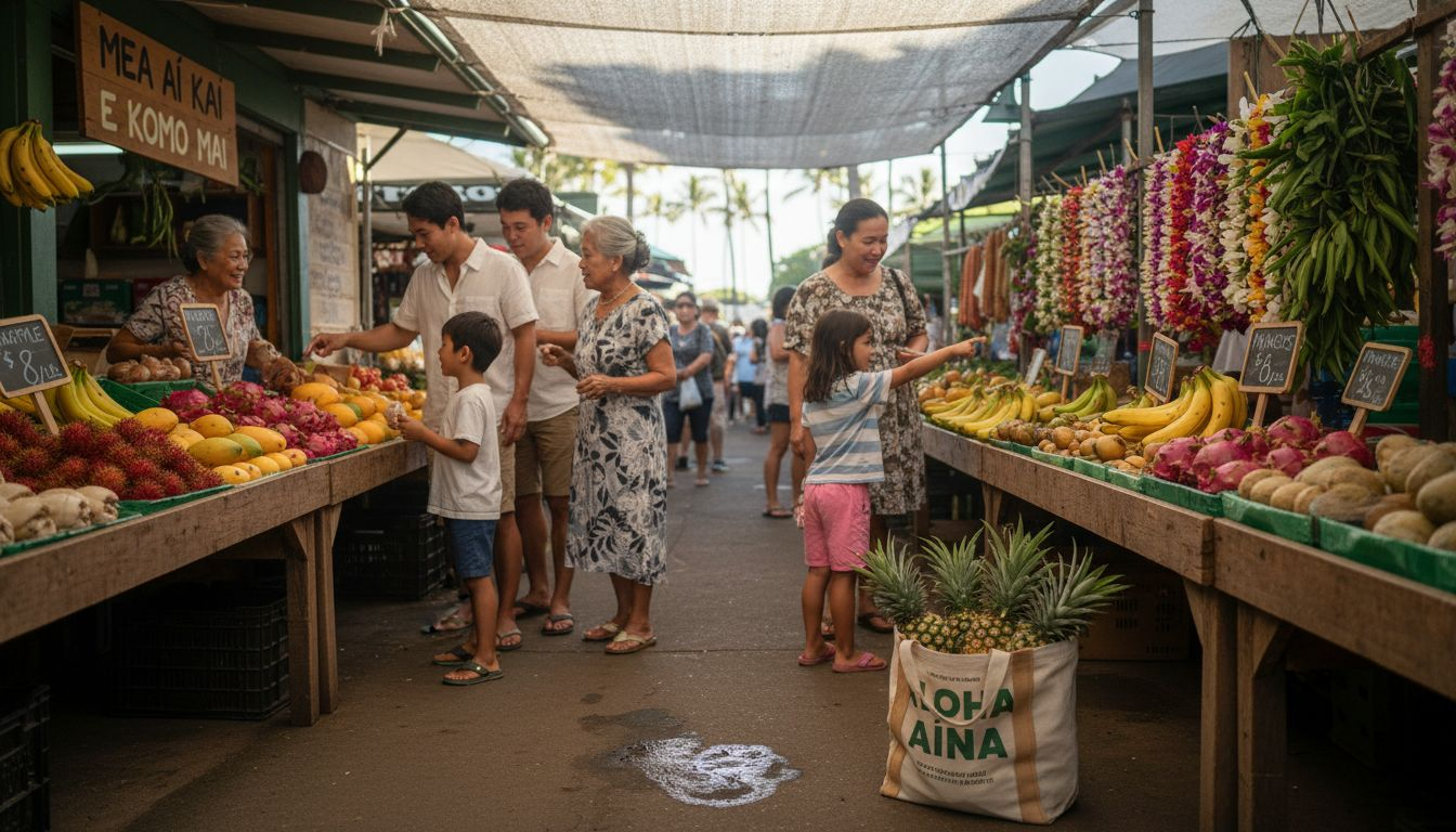 Family shopping in Honolulu farmers market
