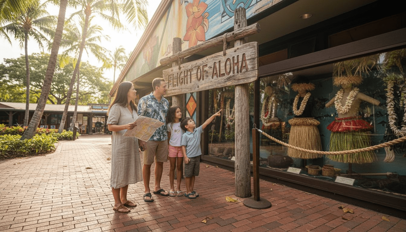 Family visiting Hawaiian cultural center entrance