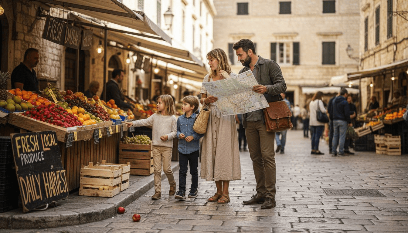 Family exploring vibrant outdoor market