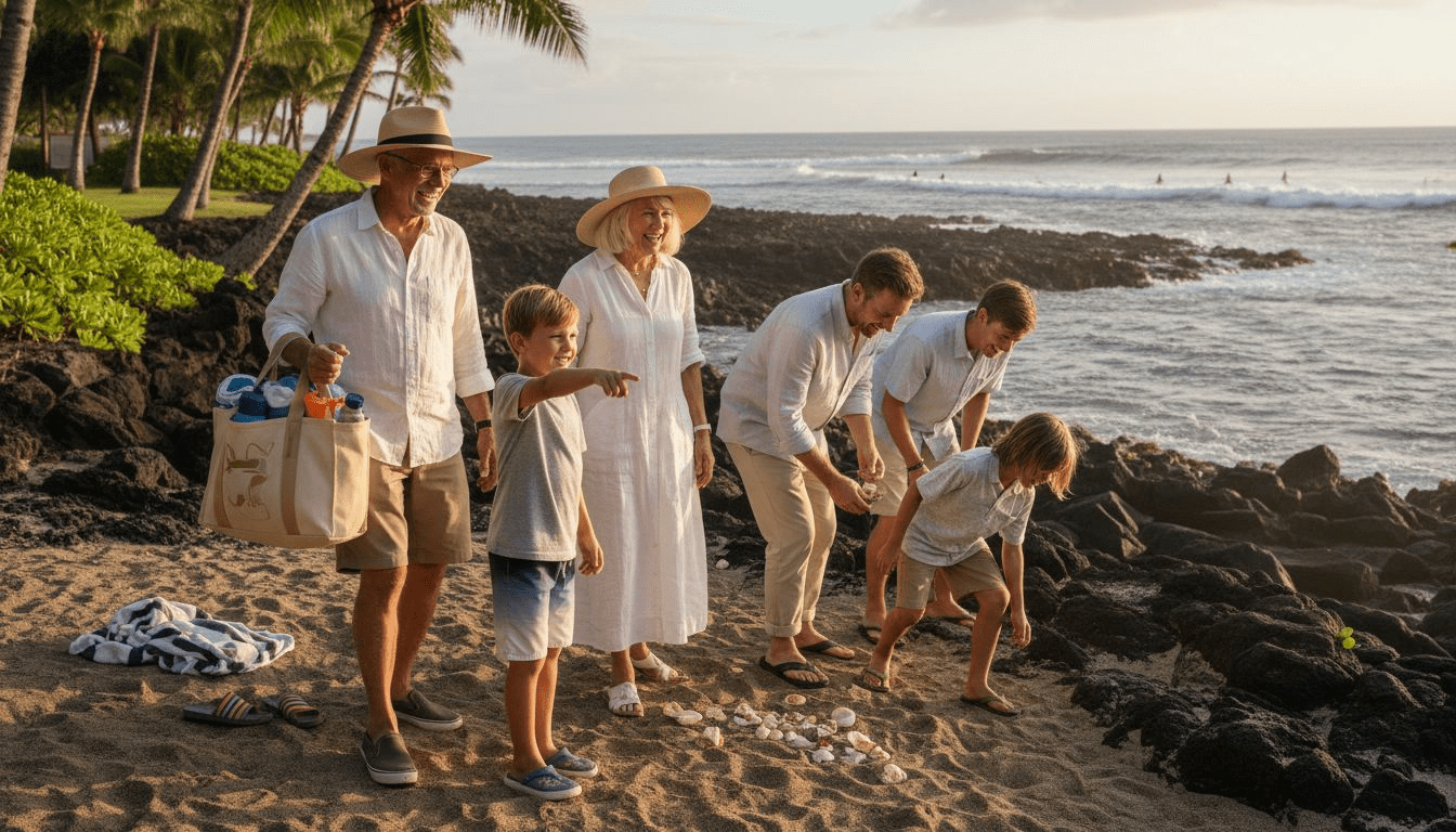 Family enjoying Hawaiian beach walk together
