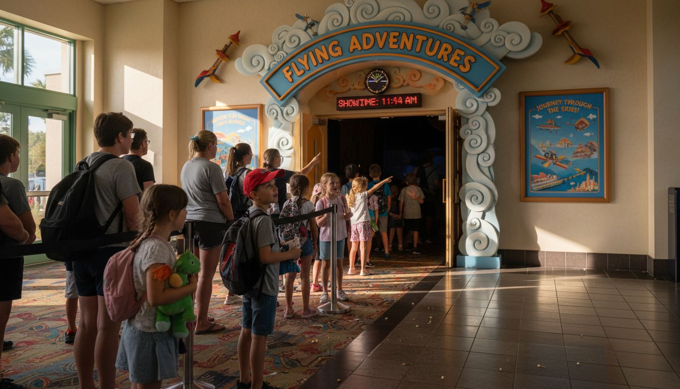 Kids waiting for flying theater entrance