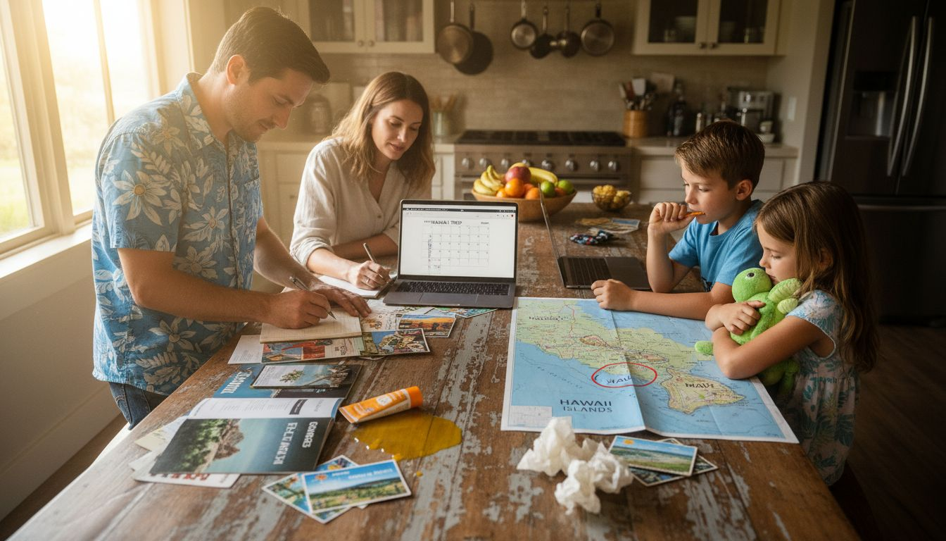 Family planning Hawaiian trip at table