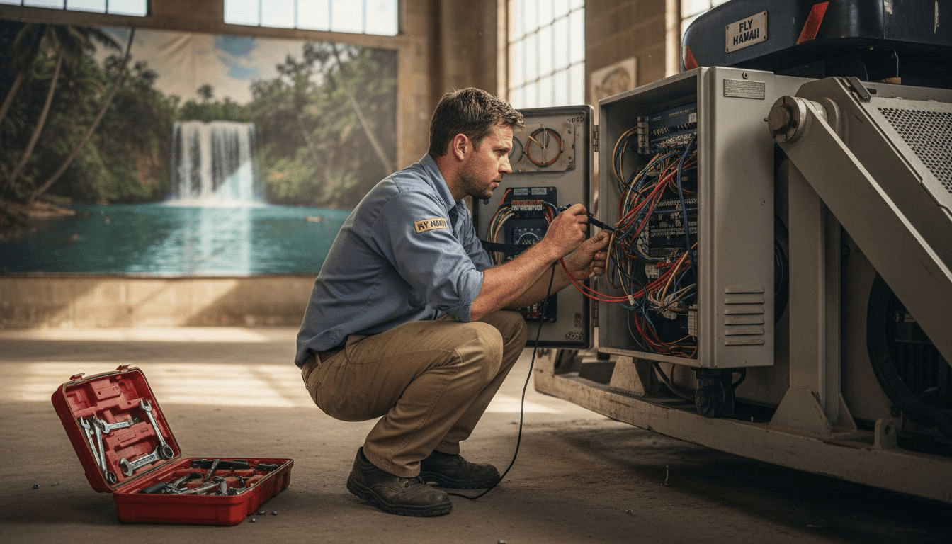 Technician checks immersive flying theater controls