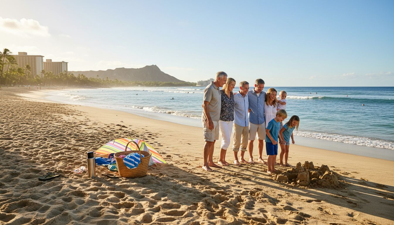 Family on Waikiki Beach connecting together
