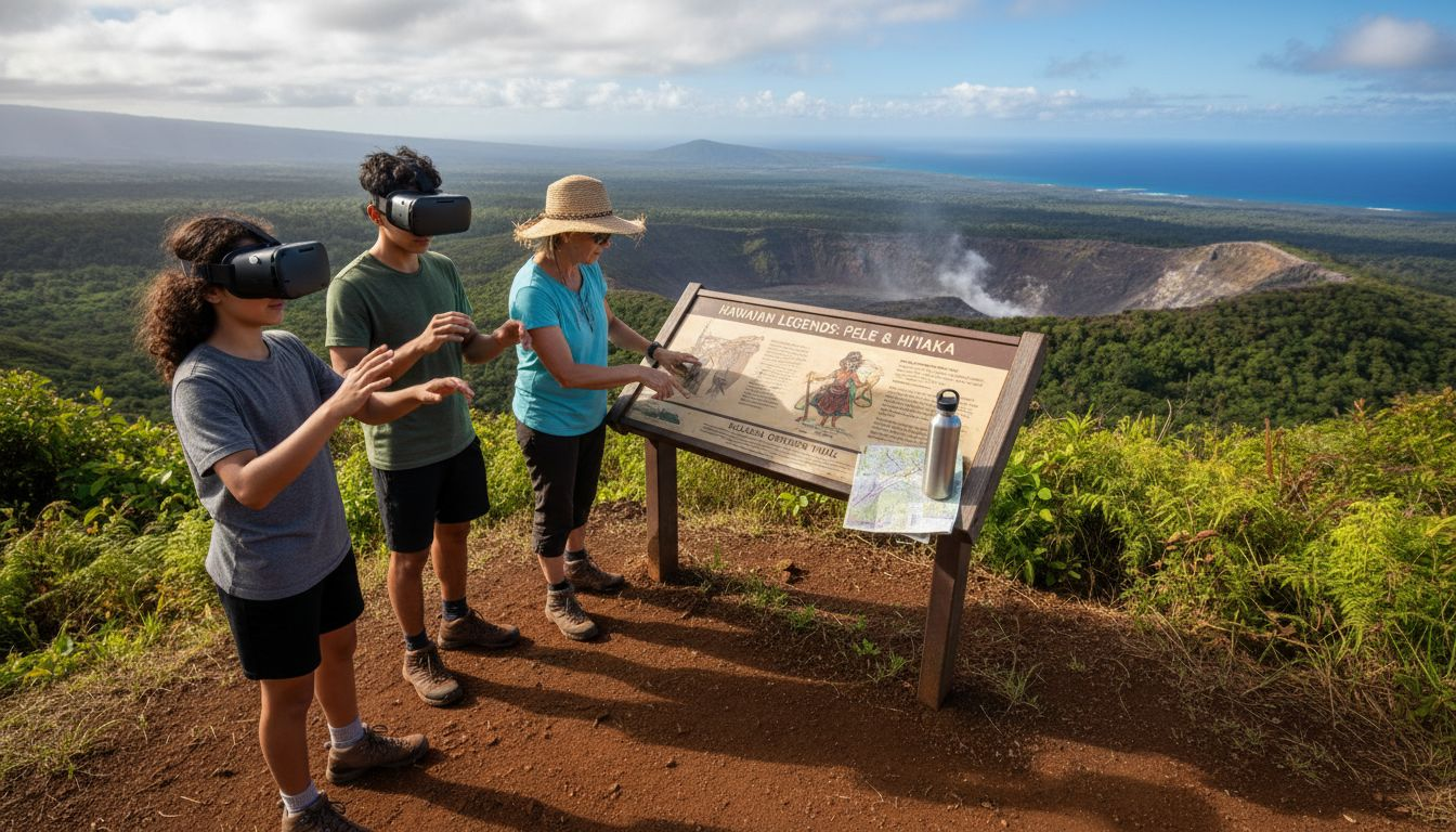 Family with VR headsets at Hawaiian viewpoint