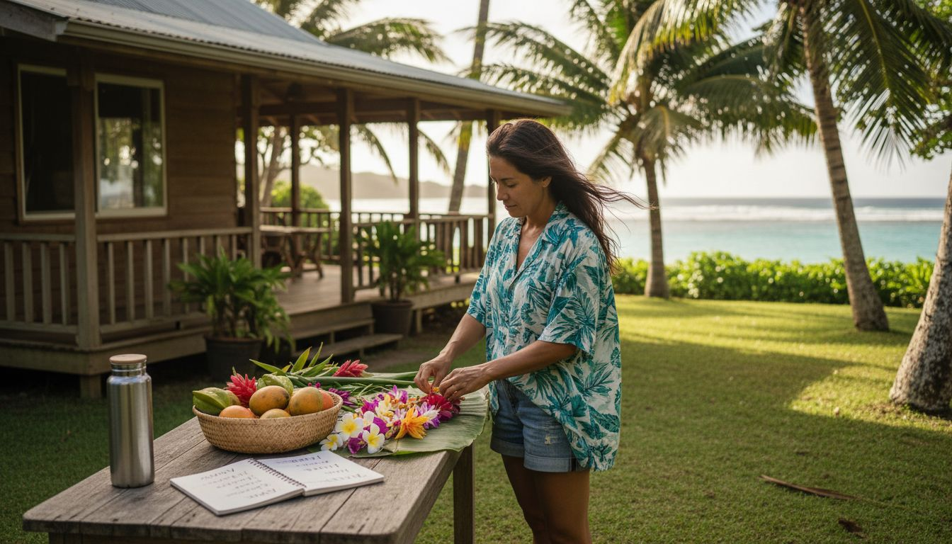 Local Hawaiian making lei by coastal house