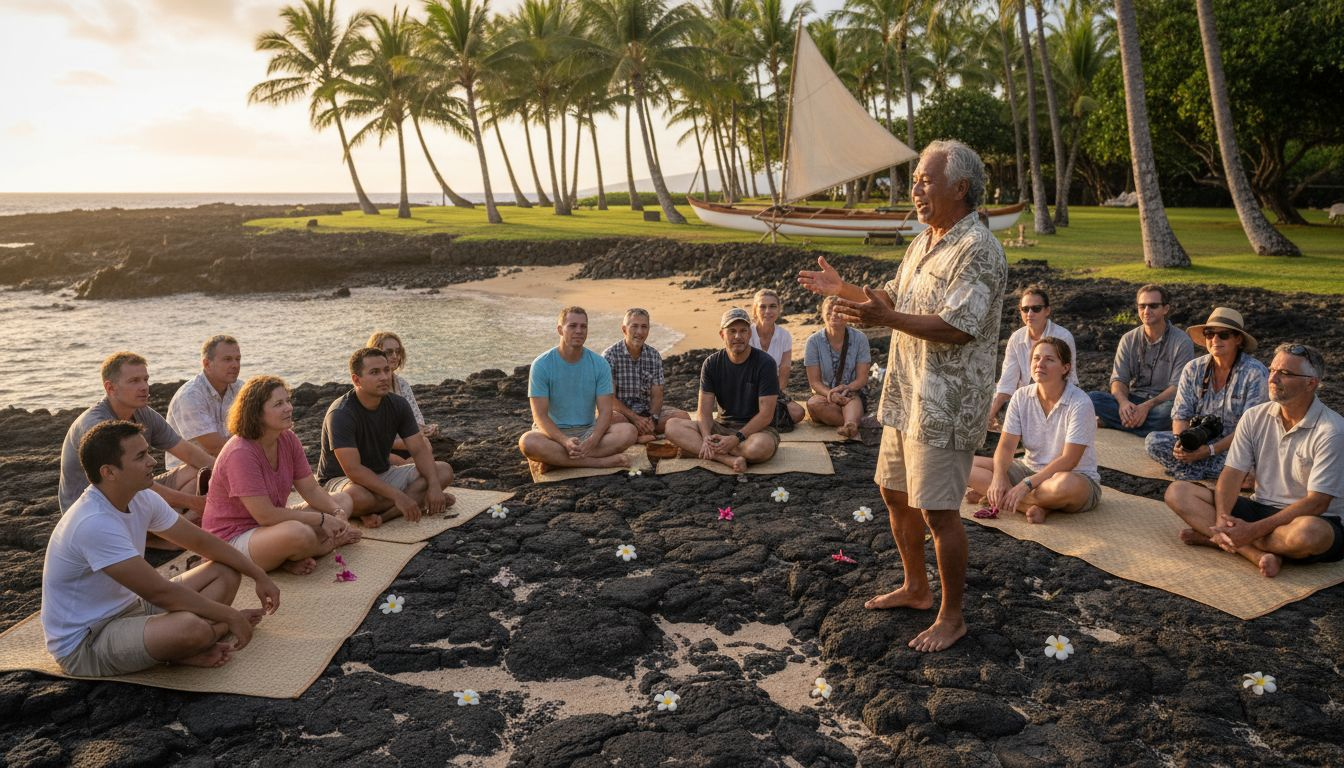 Storyteller sharing Hawaiian legend by Kailua-Kona shore