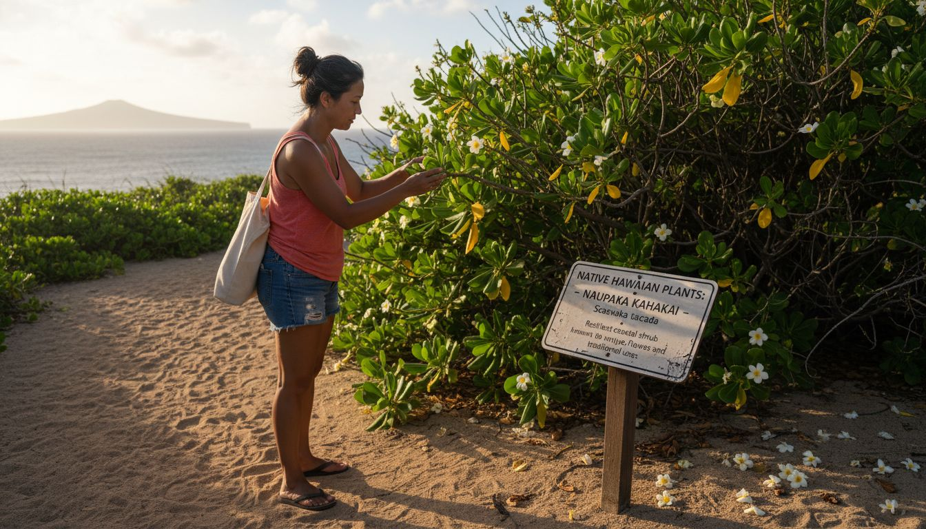 Hawaiian woman examines Naupaka flowers outdoors