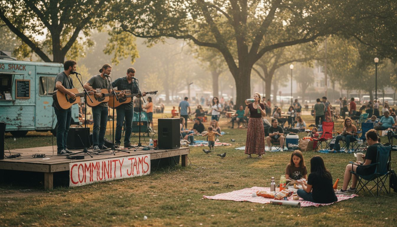 Local musicians setting up outdoor community concert