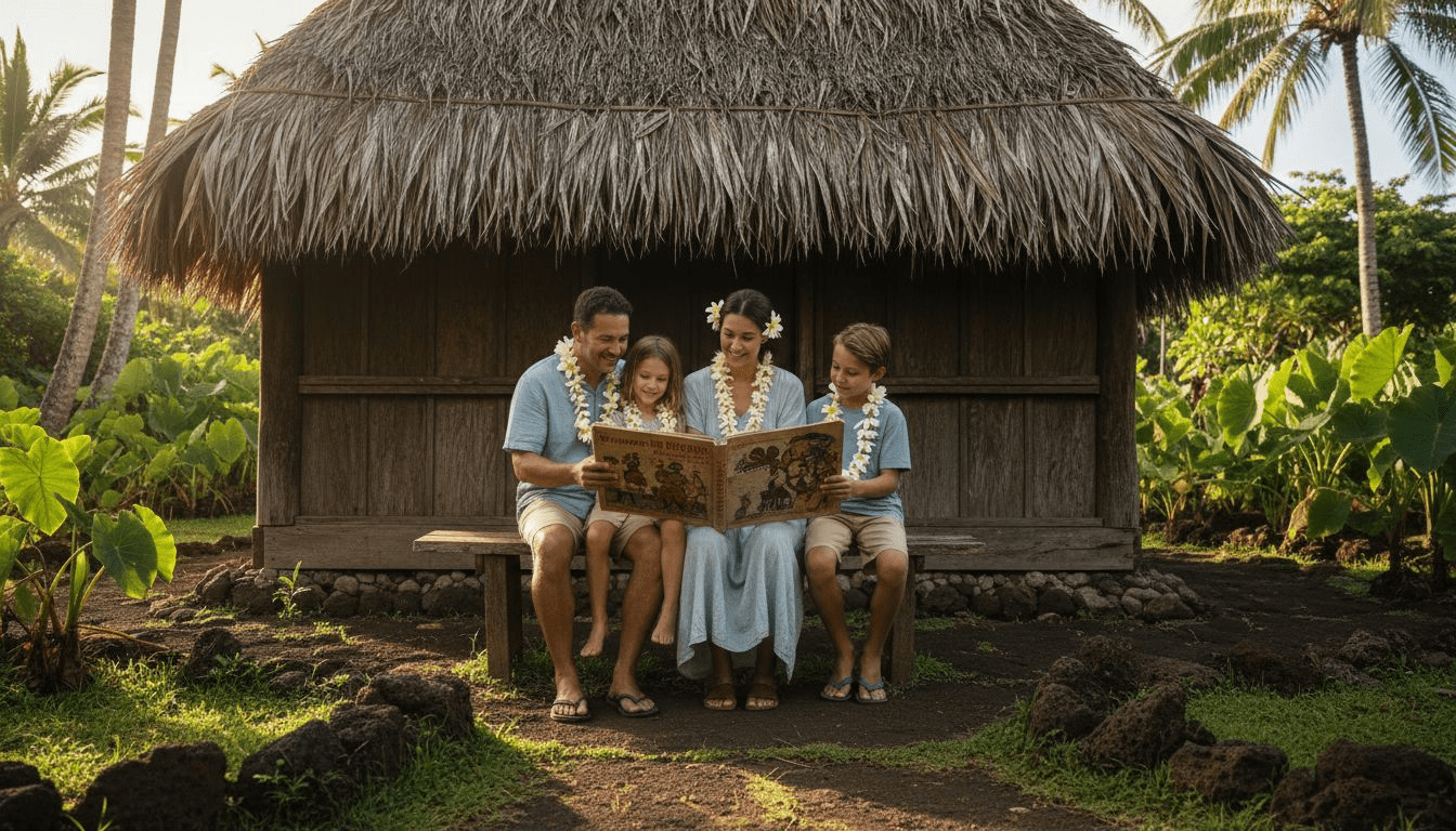 Family reading Hawaiian legends outdoors