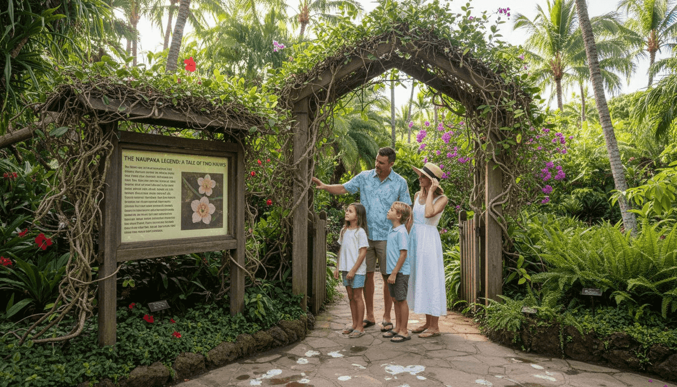 Family explores Hawaiian legend at garden entrance