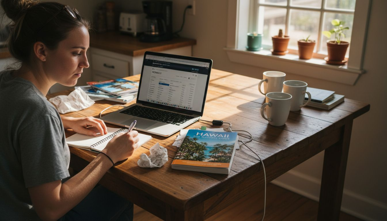 Woman searching Hawaii flights at cluttered table