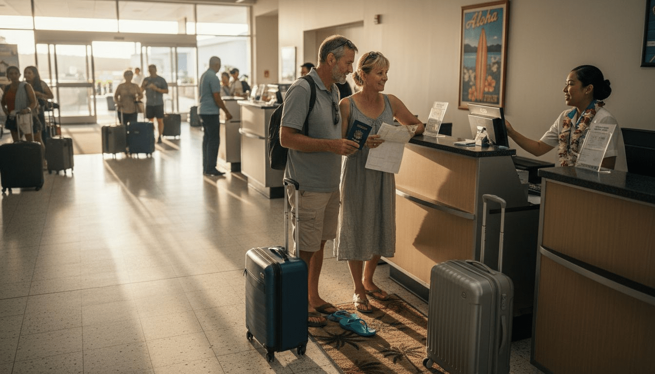 Travelers checking in at Hawaii airport