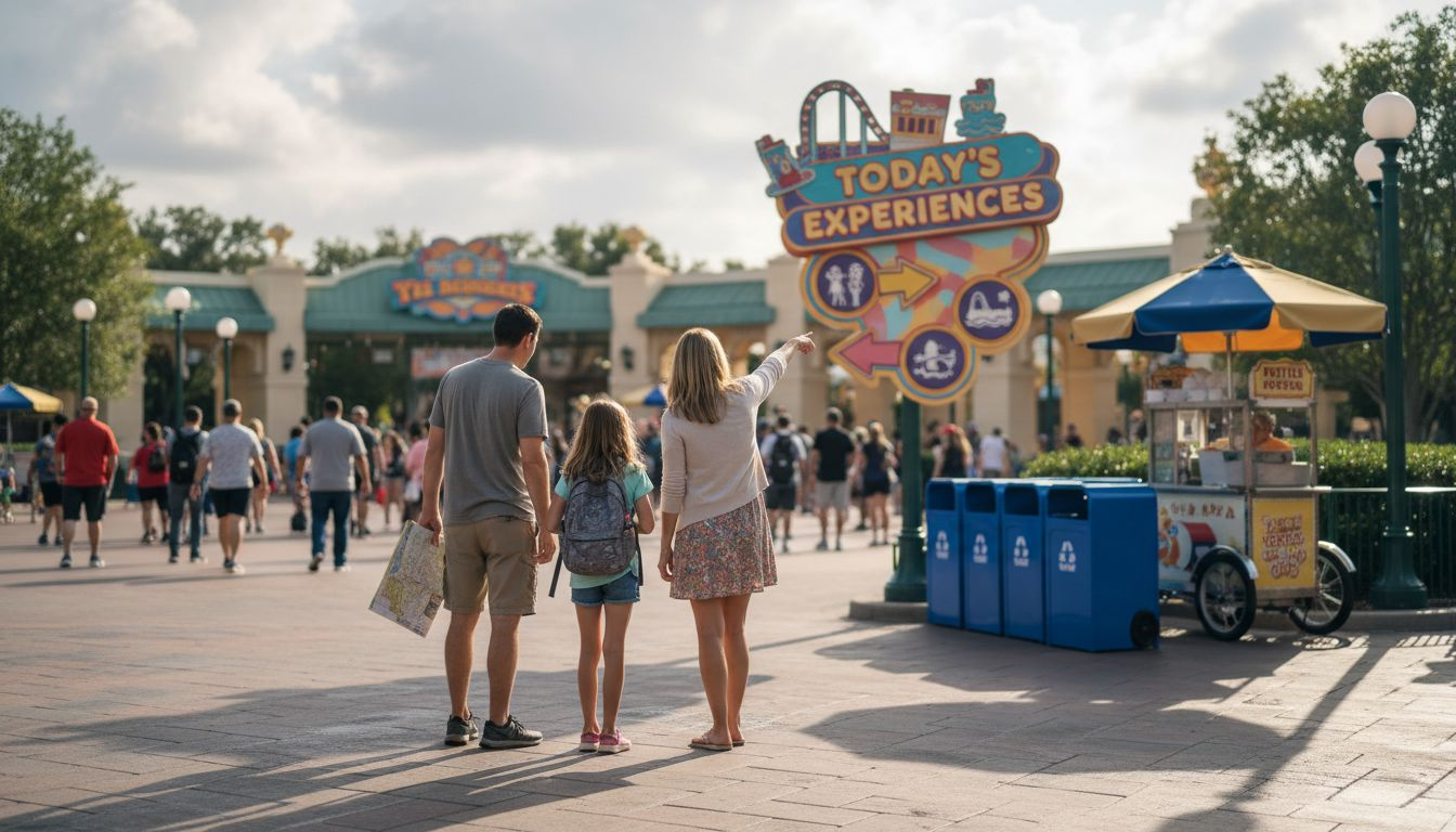 Family entering theme park on sunny morning