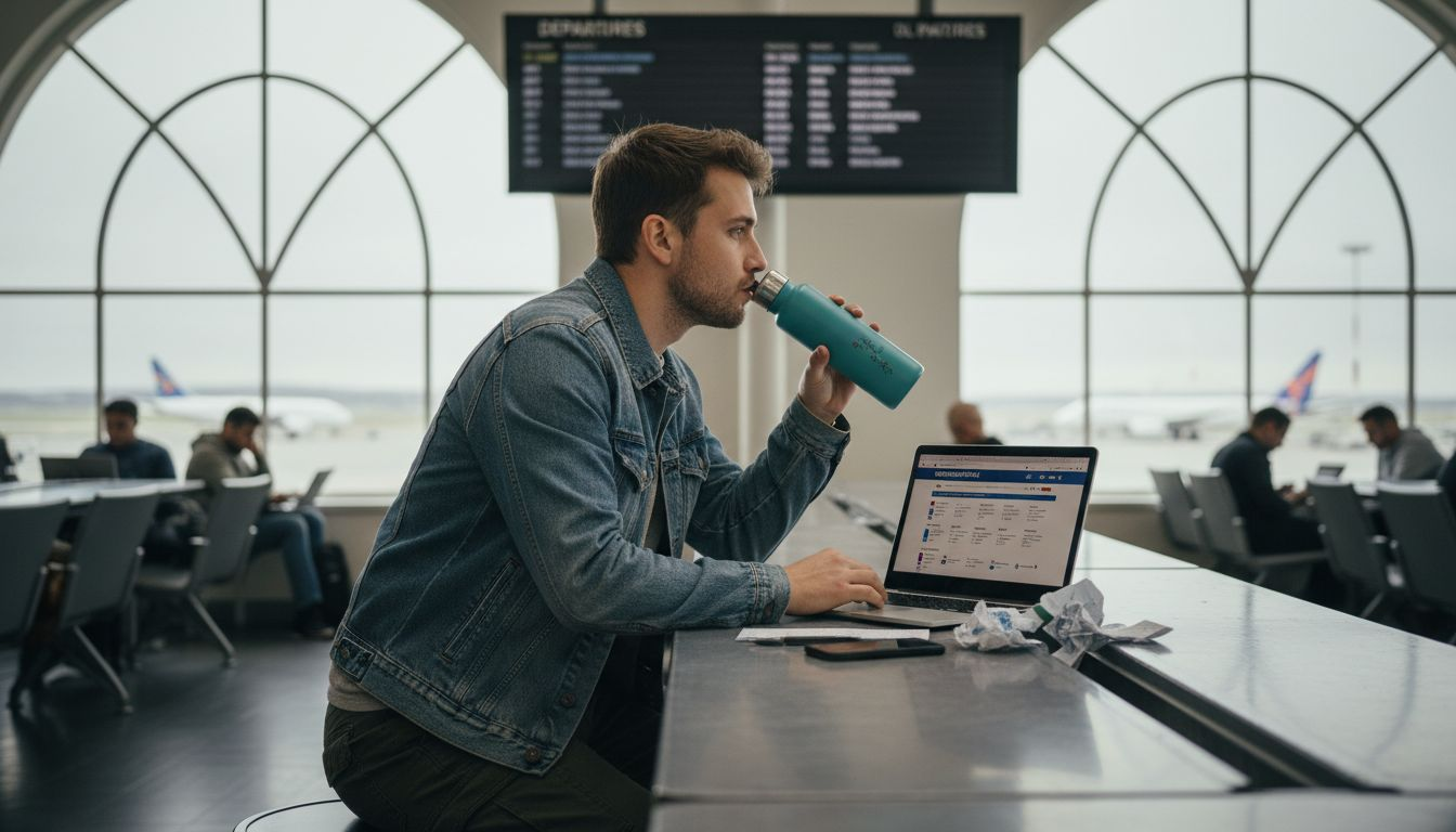 Traveler comparing flights in airport lounge