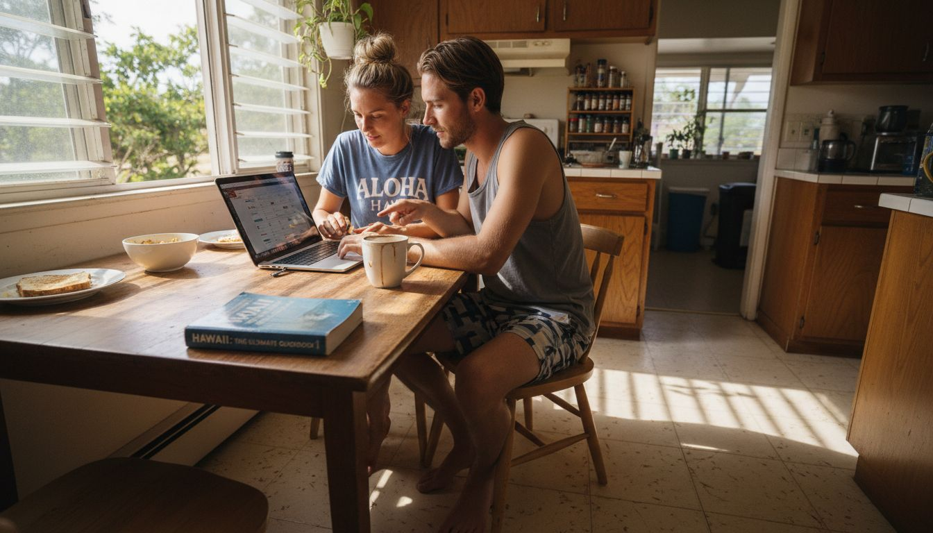Couple searching Hawaii flights on laptop