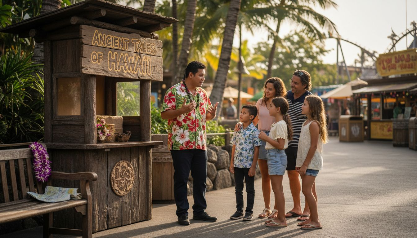 Hawaiian cultural performer engaging family outdoors