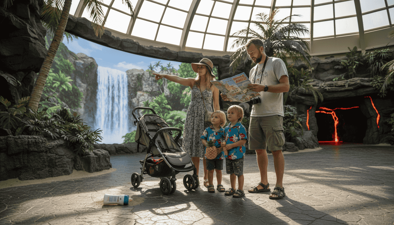 Family exploring indoor immersive attraction