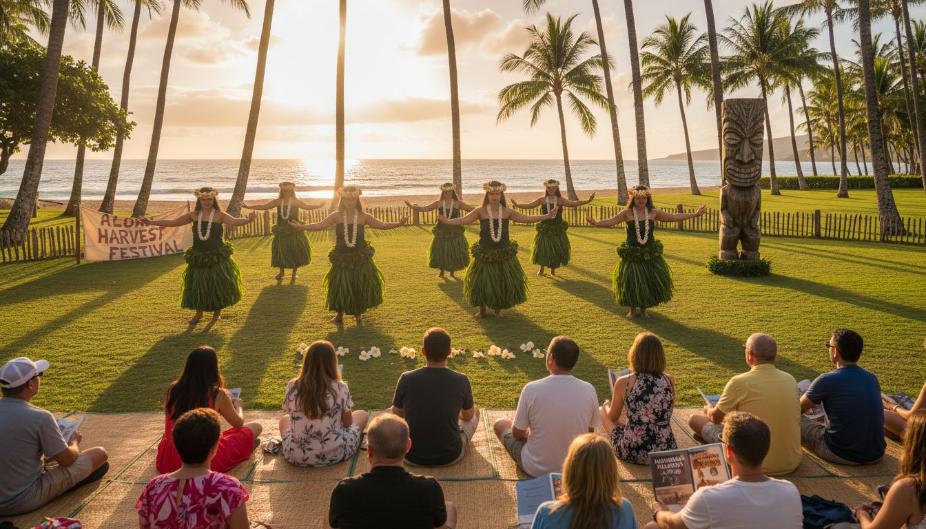 Native Hawaiian dancers perform for visitors outdoors