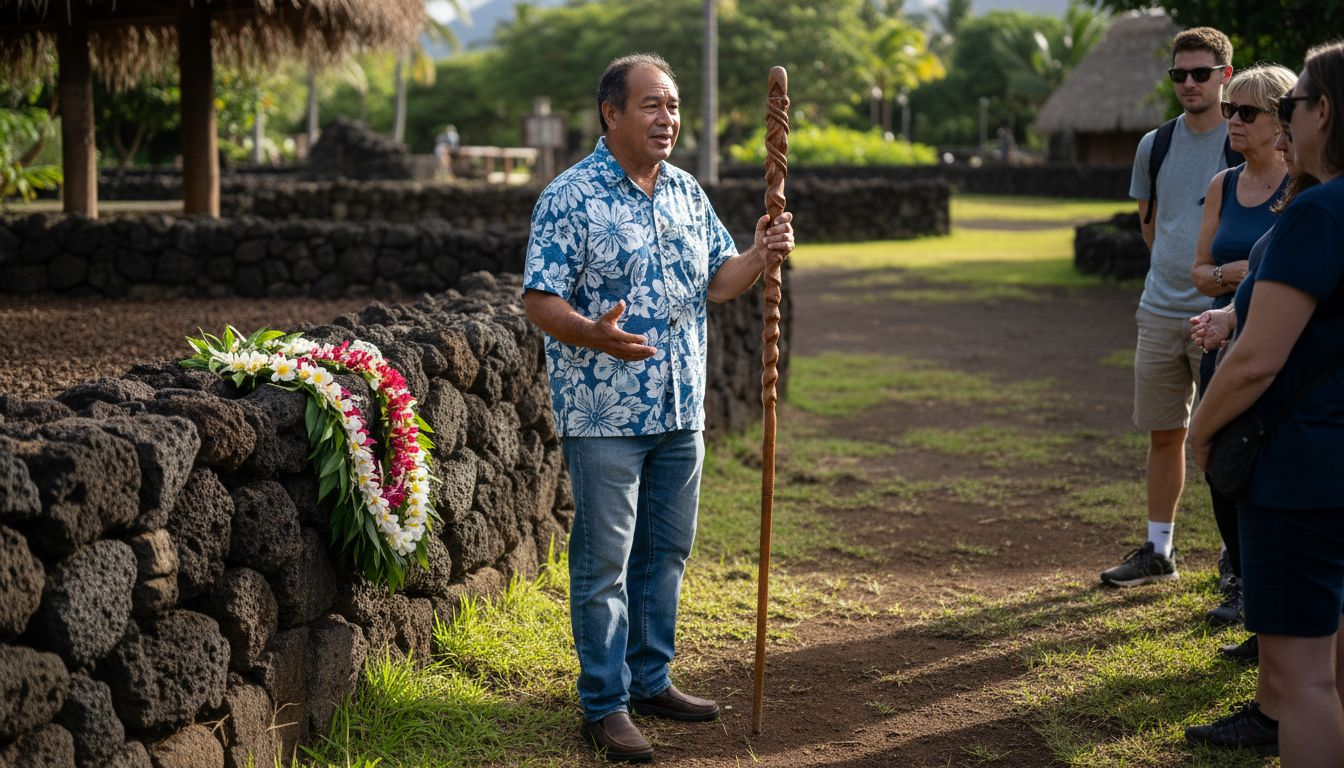 Hawaiian guide storytelling at attraction
