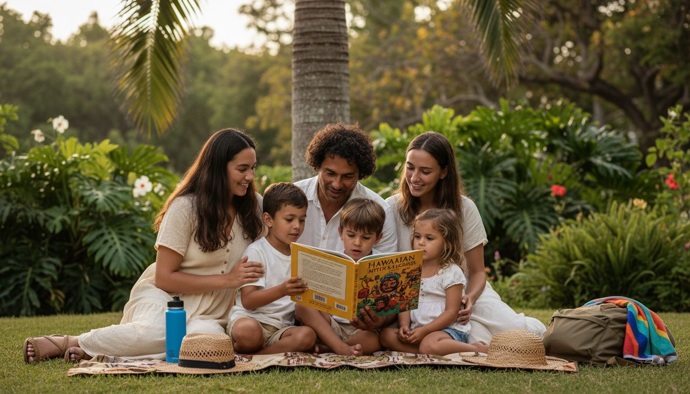 Family sharing Hawaiian myth stories outdoors