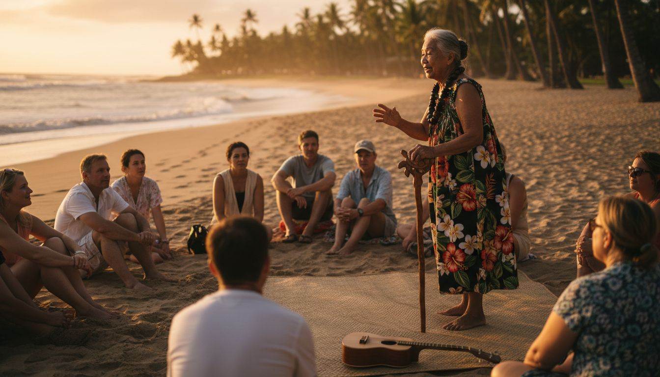 Storyteller sharing legends on Hawaiian beach