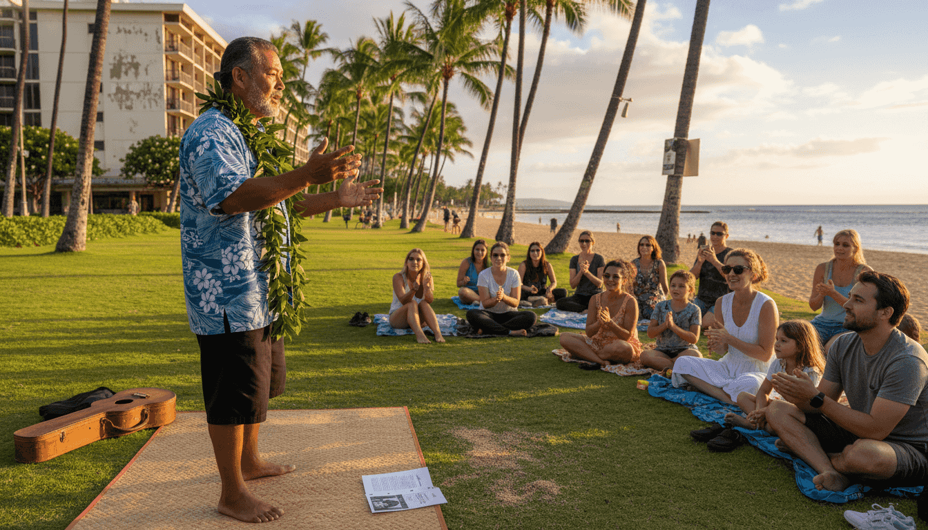 Hawaiian artist storytelling beside Waikiki Beach