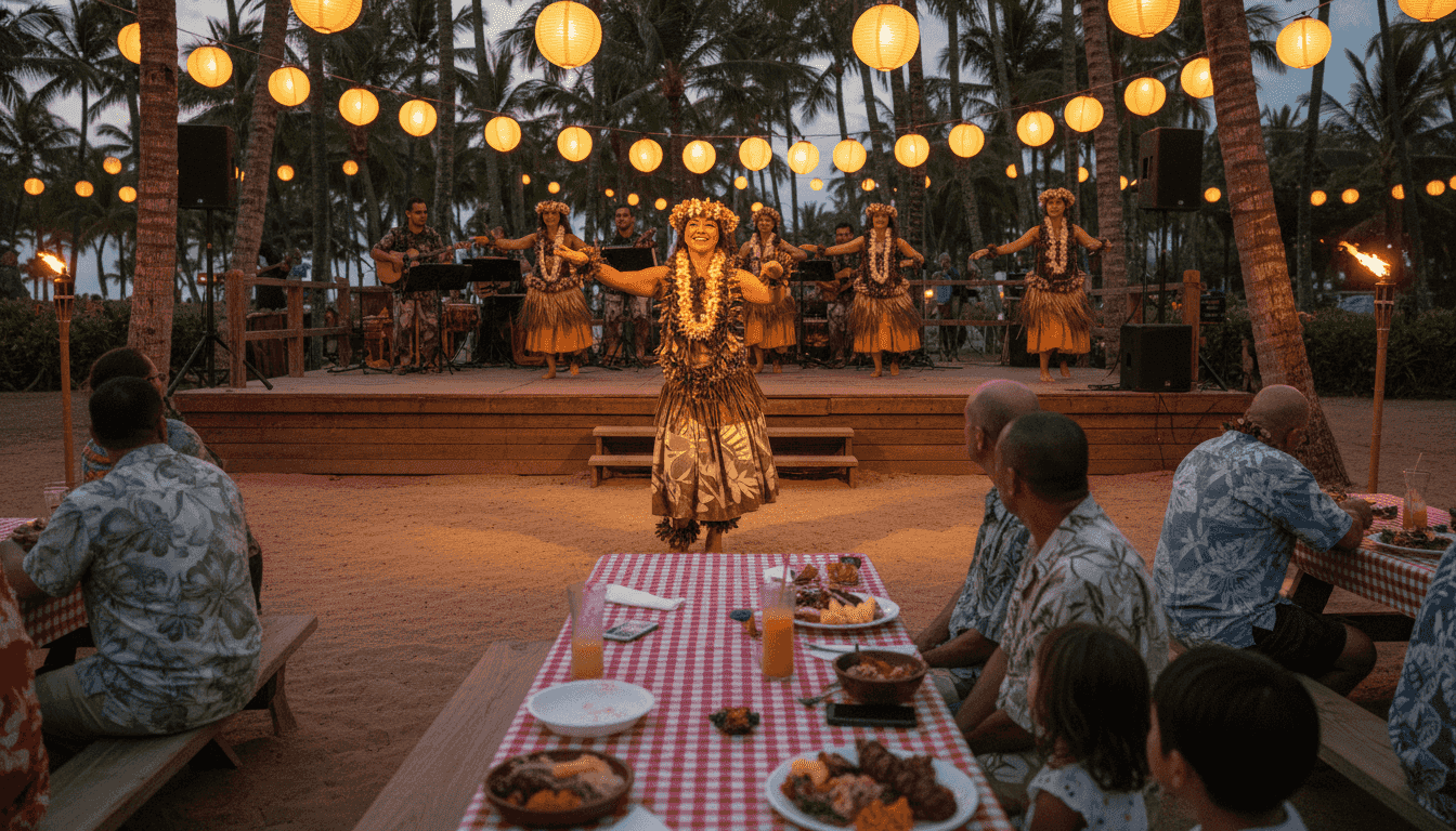 Hawaiian dancers performing outdoor luau at night