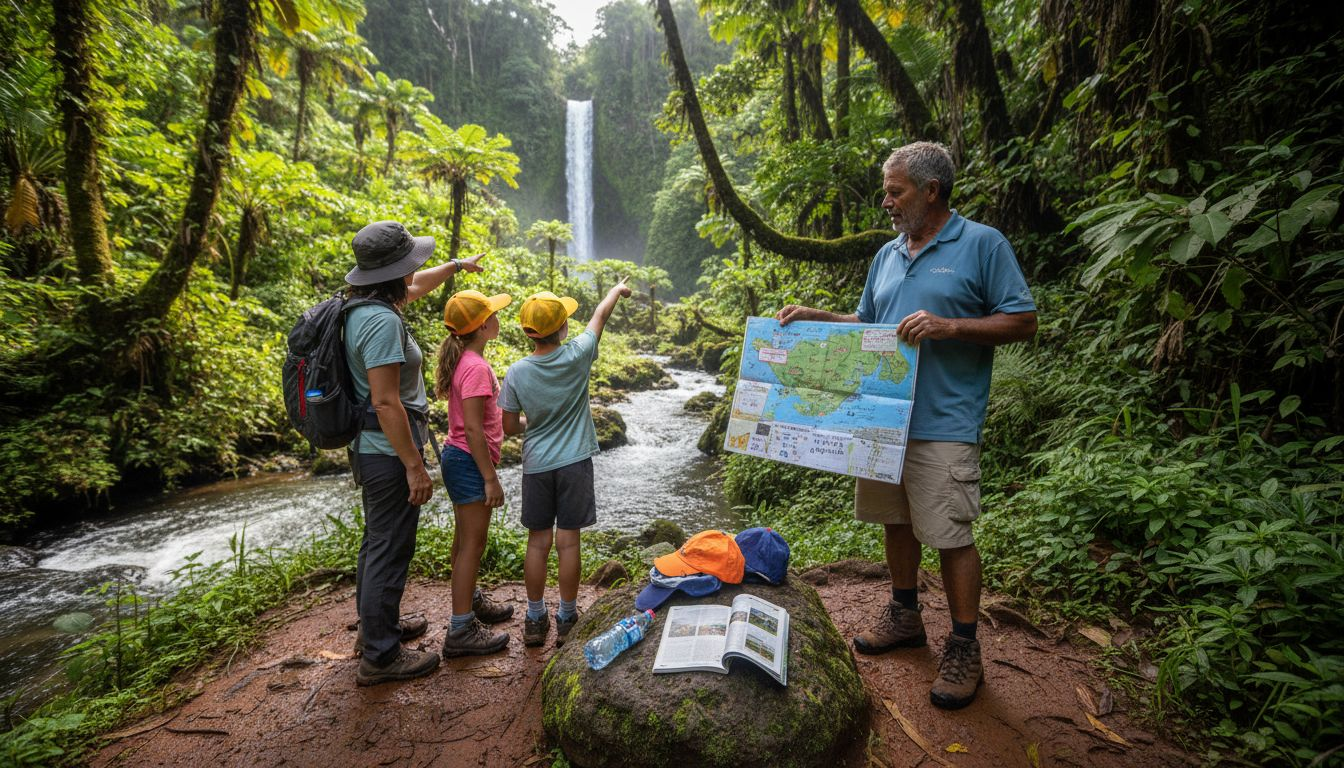 Family hike to waterfall in Hawaiian valley