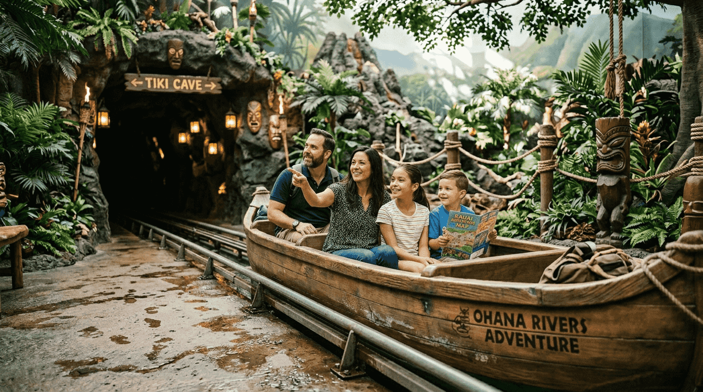Family boarding a Hawaii-themed ride adventure